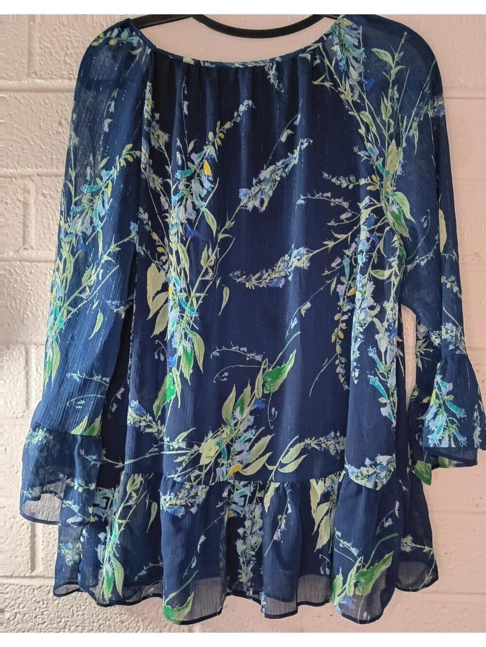 ST. JOHN'S BAY-WOMENS Size XL Sheer BLUE FLORAL W/RUFFLED HEM